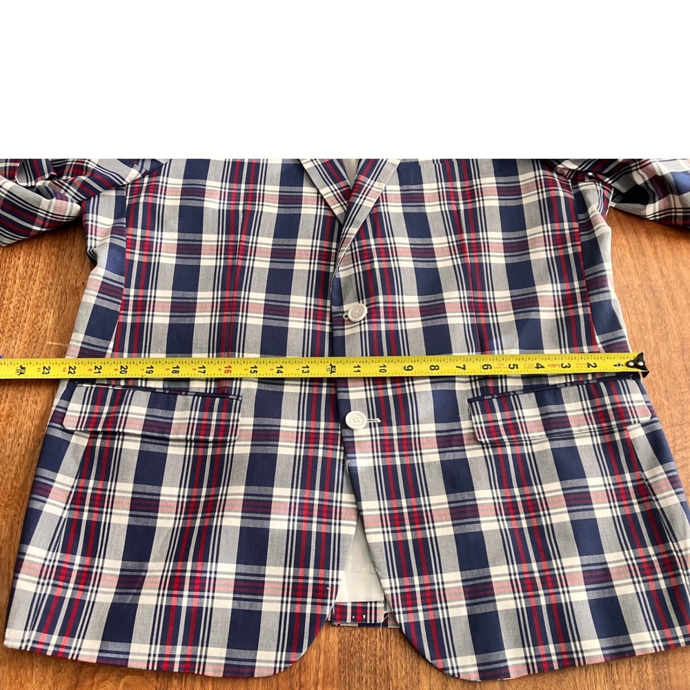 Alan Flusser Mens 44R Blazer Sport Coat Navy Blue Red White Plaid Cotton Blend - Picture 8 of 12